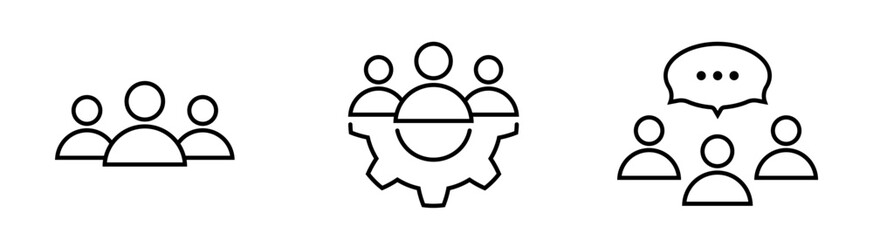 Teamwork line icon set. Leadership collection. Group of people symbol with bubble and cog isolated on white background. People talking icon in black. Vector illustration for graphic design, Web.