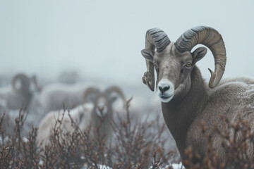 Bighorn Sheep Ram Ram in Snowy Winter Landscape.