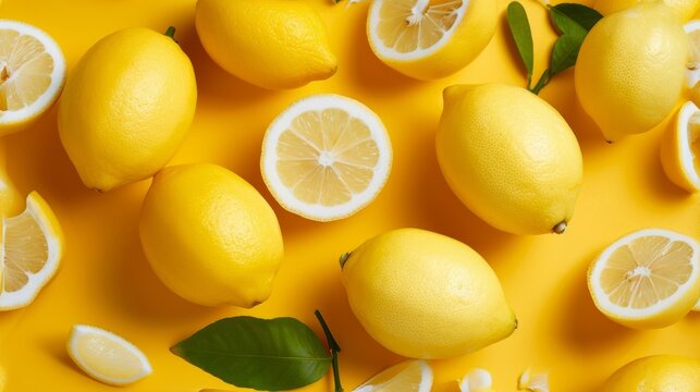 Fresh lemons with leaves on a vibrant yellow background.