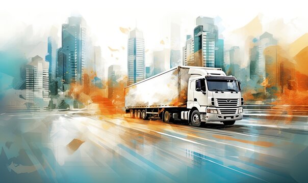 Delivery Truck Driving In Urban City. Shipping, Express Shipment Business Background Banner