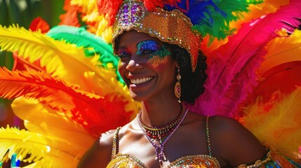 A smiling woman wearing a blue and gold feathered headdress, participant of the Brazilian carnival