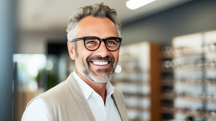 Caucasian man tries on glasses in an eyeglasses store. - obrazy, fototapety, plakaty