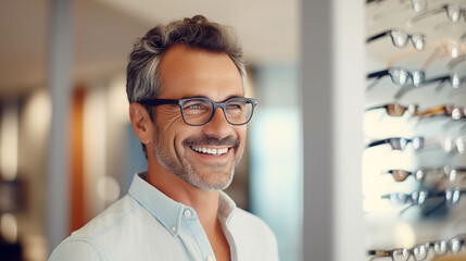 Caucasian man tries on glasses in an eyeglasses store.