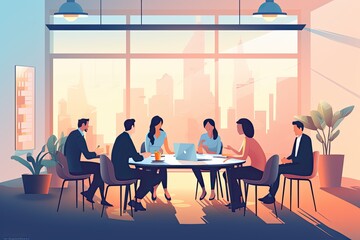 Obraz premium group of businessmen sitting by table working collaborative. teamwork coworking brainstorming talking. boardroom business meeting discussion