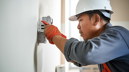 Asian male electrician installing electrical outlets.