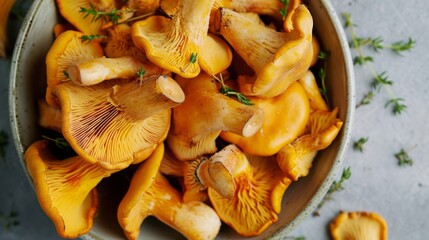 A bowl of fresh chanterelle mushrooms on a rustic wooden surface.
