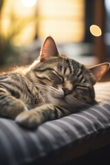 The cat is sleeping happily in the house.