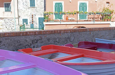 Colourful rowing boats in the beautiful village of Tellaro in the golfo dei poeti (bay of the...