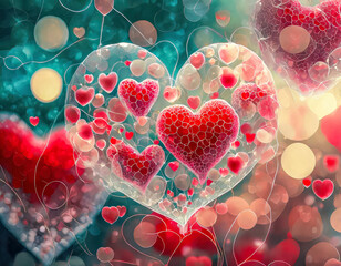 Coeur translucide rempli de coeurs rouge avec un magnifique bokeh, Saint Valentin, mariage, sentiment d'amour et de romantisme