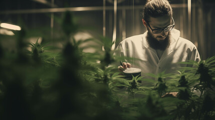 Caucasian man in a robe researching cannabis.