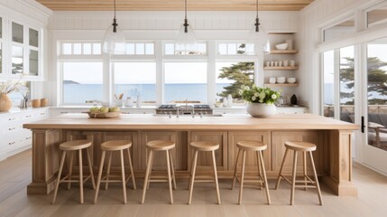 coastal interior design concept dining natural material cosy comfort Woven pendant lights bring a modern coastal feeling to this light and airy kitchen The stylish counter stools are a favorite theme