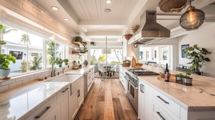 coastal interior design concept dining natural material cosy comfort Woven pendant lights bring a modern coastal feeling to this light and airy kitchen The stylish counter stools are a favorite theme - obrazy, fototapety, plakaty