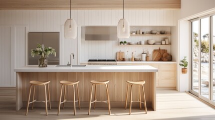 Fototapeta na wymiar coastal interior design concept dining natural material cosy comfort Woven pendant lights bring a modern coastal feeling to this light and airy kitchen The stylish counter stools are a favorite theme