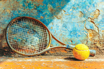 Tennis game. Old tennis racket and ball on old court against cracked wall, evoking rich tapestry of memories from games past and celebrating everlasting essence of athletic pursuit timeless