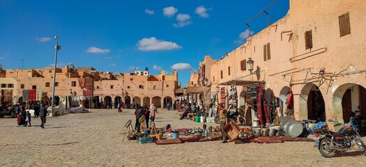 Market square in the city center of Ghardaia, a must-see place where rugs ,local crafts, and handmade carpets are sold. Oasis M'zab, Algeria,