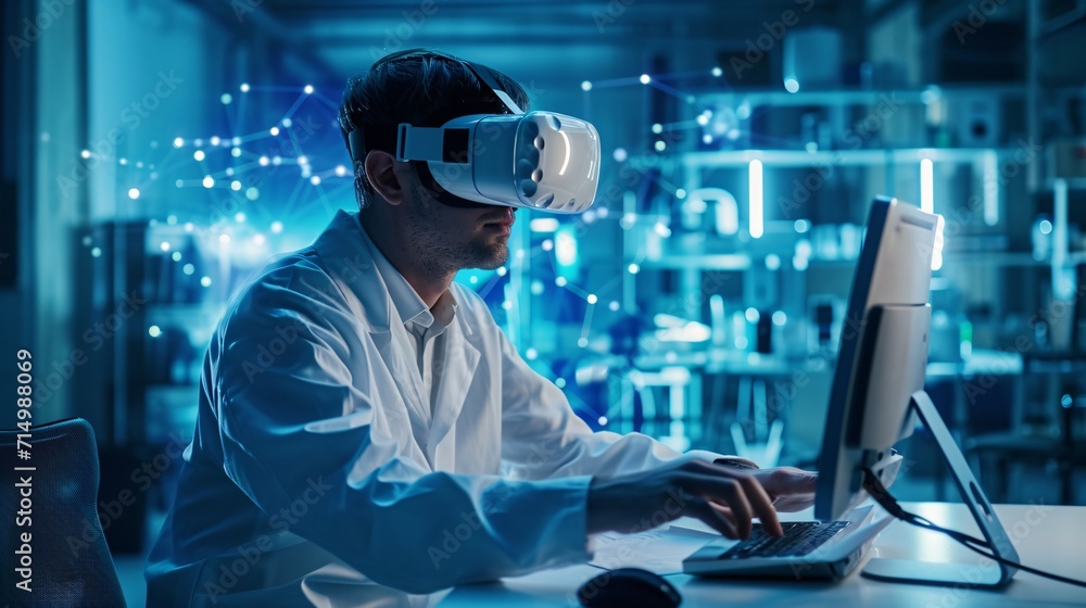 Poster a man wearing a white lab coat using a virtual reality headset generative ai