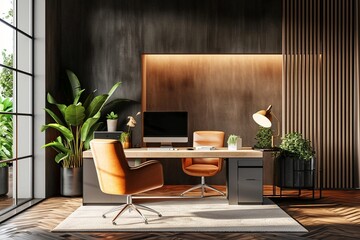 Cozy office interior background, wall mockup, 3d render