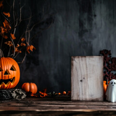 Halloween decoration with pumpkins, ghosts and spiders on wooden background