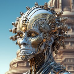 Fototapeta na wymiar 3D illustration of a robot in cyberspace, futuristic background, new technologies. 