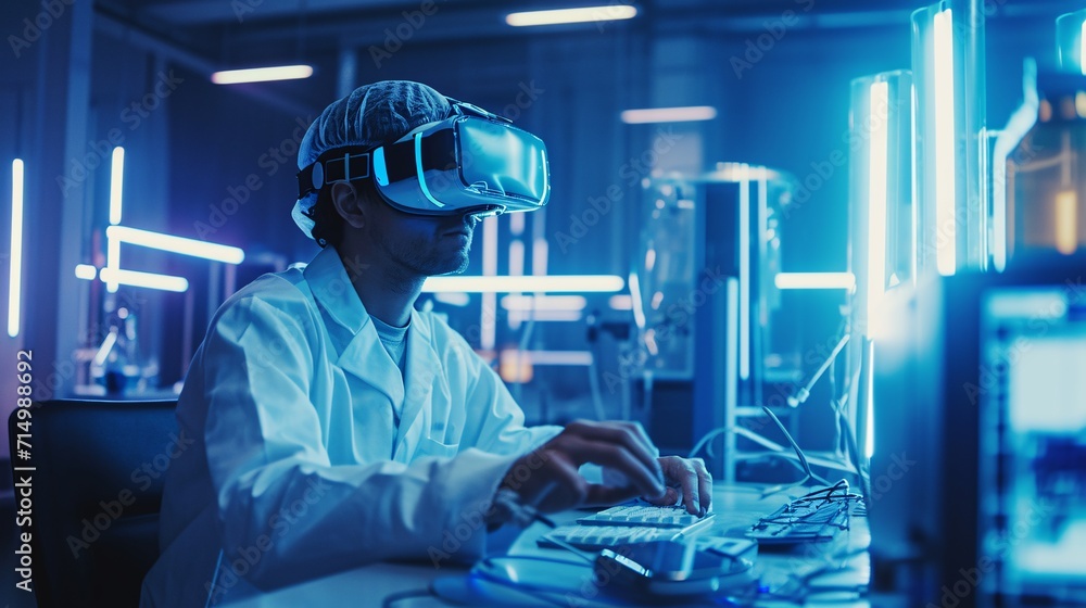Poster man wearing a white lab coat and using a vr headset generative ai
