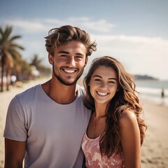 Fototapeta premium Happy Young Pair Embracing the Beachside Tranquility