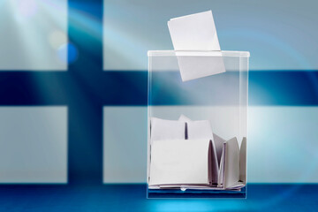 A ballot box with ballots on Election Day, flag Finland