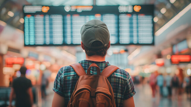 Youngster traveler with backpack checking flight departure schedule information on a digital timetable display board before journey in a busy time at airport terminal.