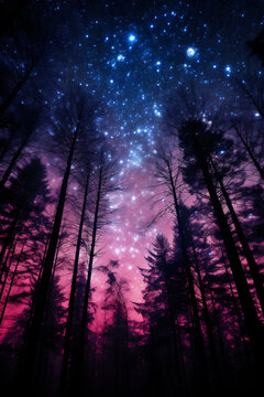 Mystical forest with stars and nebula in the night.