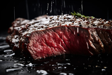 Beef steak with water drops on a black background