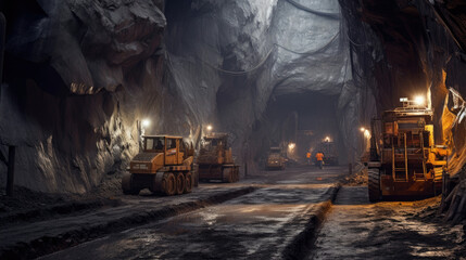 Rock machinery dig dark mining underground gold industrial tunnel mineral iron copper - obrazy, fototapety, plakaty