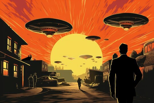 Pulp illustration of an alien invasion in a retro city, classic pulp-style UFOs hovering above
