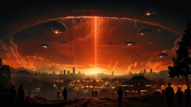 Pulp illustration of an alien invasion in a retro city, classic pulp-style UFOs hovering above
