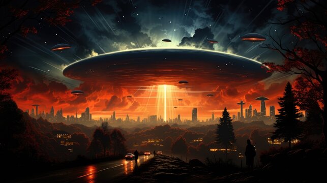 Pulp illustration of an alien invasion in a retro city, classic pulp-style UFOs hovering above
