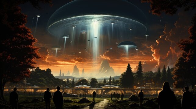 Pulp illustration of an alien invasion in a retro city, classic pulp-style UFOs hovering above
