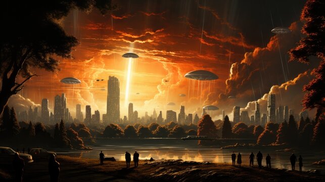 Pulp illustration of an alien invasion in a retro city, classic pulp-style UFOs hovering above
