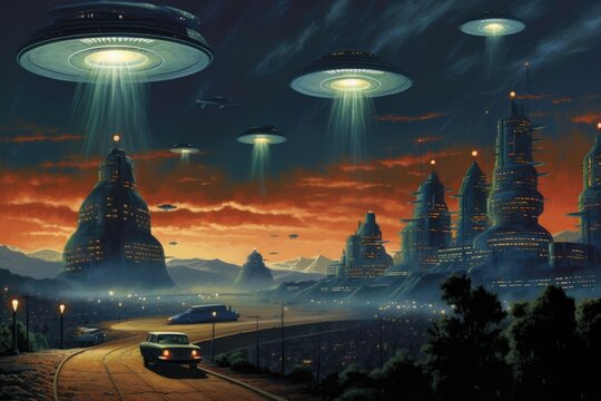 Pulp illustration of an alien invasion in a retro city, classic pulp-style UFOs hovering above
