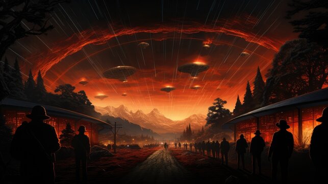Pulp illustration of an alien invasion in a retro city, classic pulp-style UFOs hovering above
