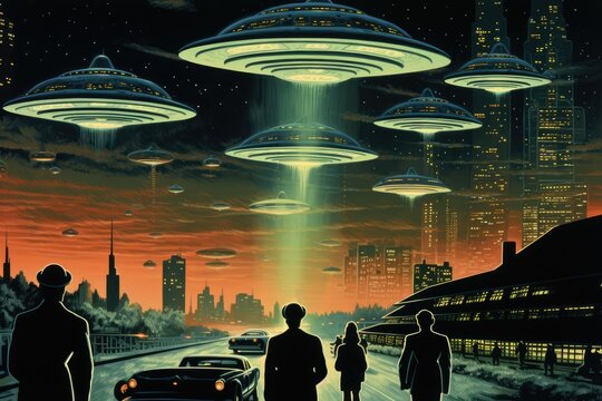 Pulp illustration of an alien invasion in a retro city, classic pulp-style UFOs hovering above
