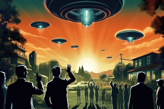 Pulp illustration of an alien invasion in a retro city, classic pulp-style UFOs hovering above
