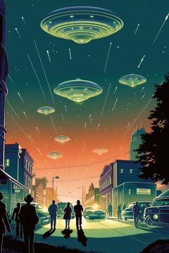 Pulp illustration of an alien invasion in a retro city, classic pulp-style UFOs hovering above

