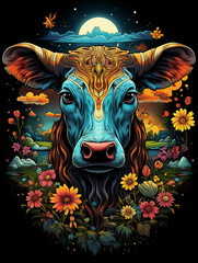 T-shirt design, a very puffy quilted art piece of A colorful psychedelic hippie cow stands looking bewildered at the camera with a bird sitting on top of his head created with Generative Ai