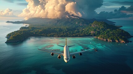 photography of an airplane flying above an exotic tropical island