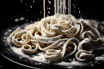 closeup of a plate of spaghetti with black sesame seeds on a black background