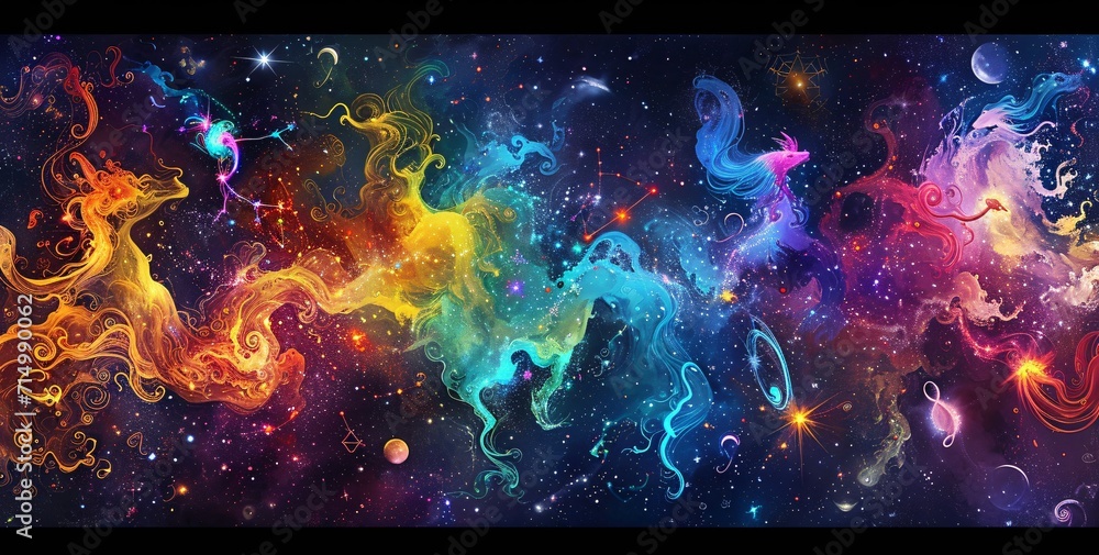 Poster a vibrant and colorful space scene with a dragon and various celestial objects generative ai