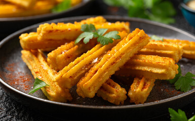 Crisp and golden Potato churros served with paprika and fresh parsley