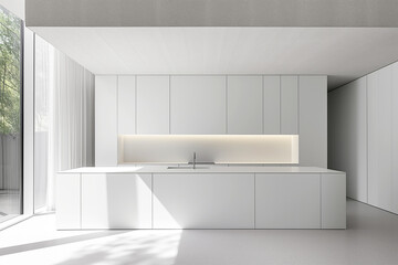 Fototapeta na wymiar Futuristic, minimalist looking kitchens with in white with LED lights - Generative AI