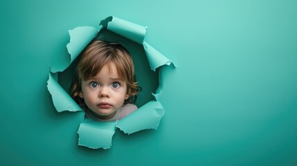 A child peering through a torn hole in a turquoise paper wall, curious and surprised.