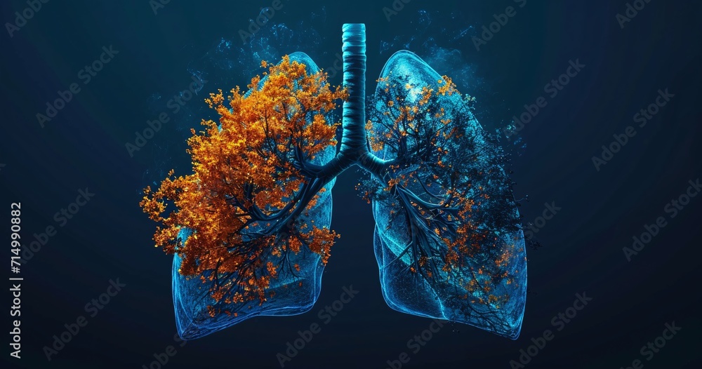 Poster a close-up of a human lung with a tree branch inside generative ai