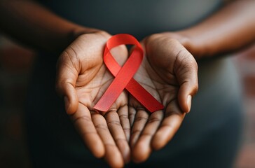 A person holding a red ribbon with a red AIDS ribbon Generative AI