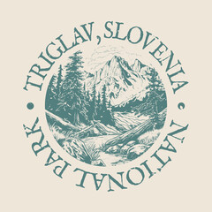 Triglav, Bled, Slovenia Illustration Clip Art Design Shape. National Park Vintage Icon Vector Stamp.